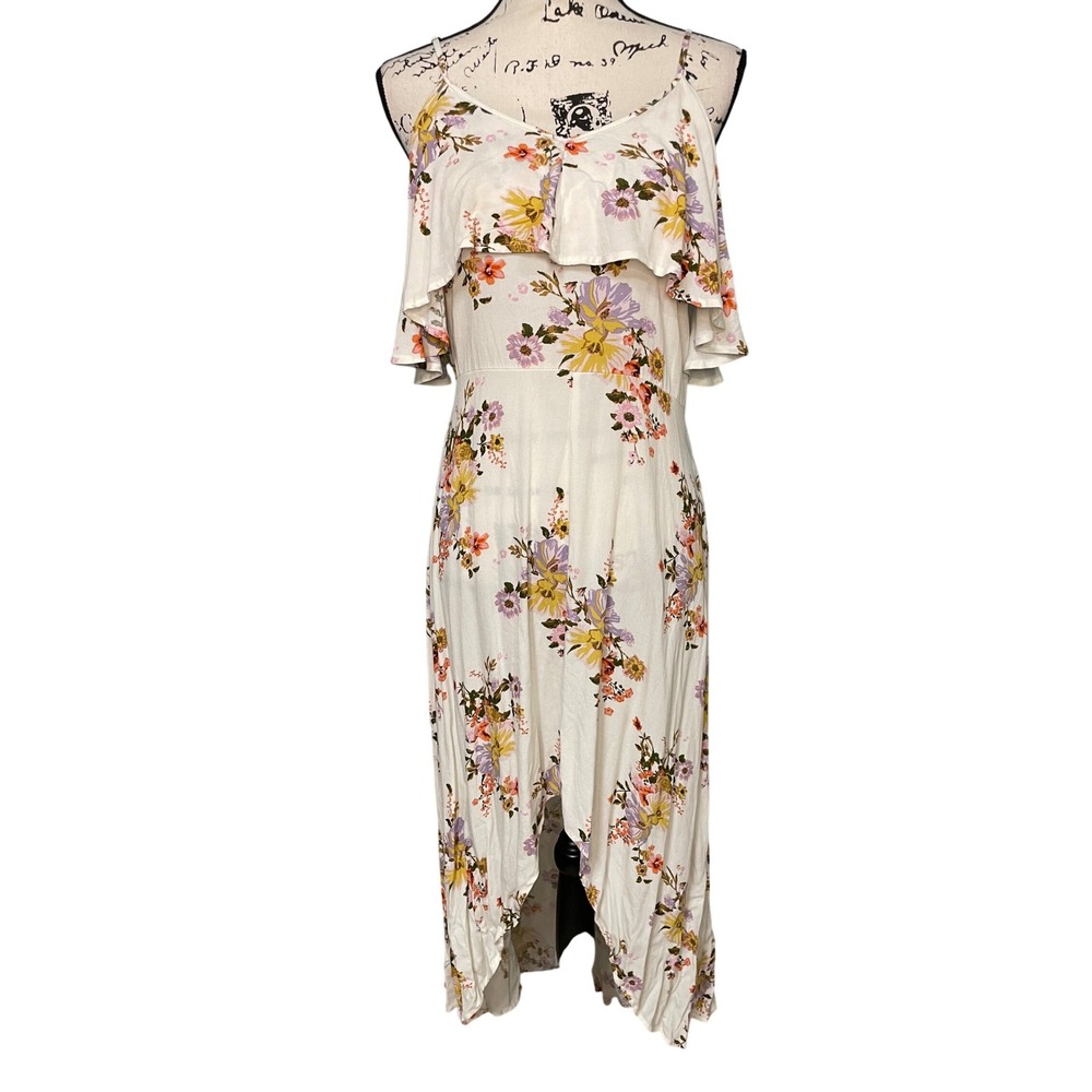 Rewind Floral Cold Shoulder Dress Womens Large White High Low Excellent Rayon